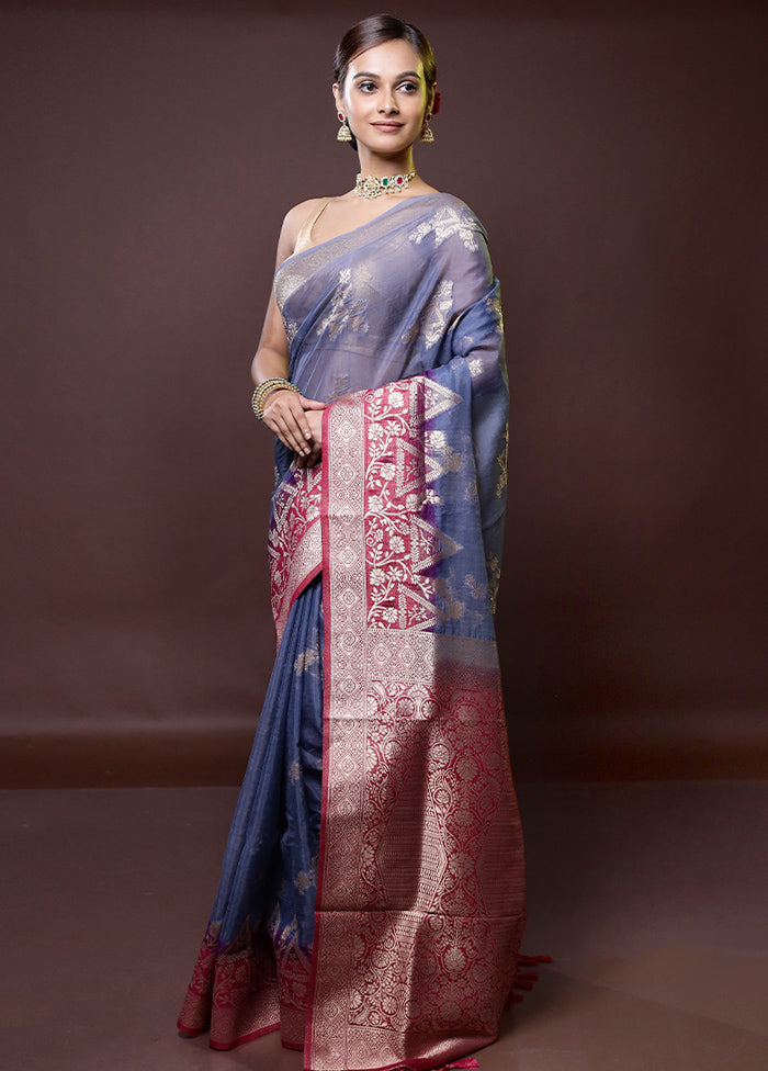 Blue Organza Saree With Blouse Piece