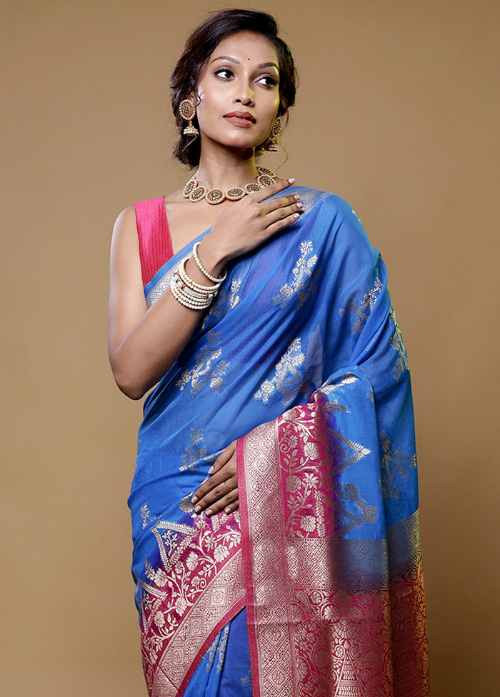 Blue Organza Saree With Blouse Piece