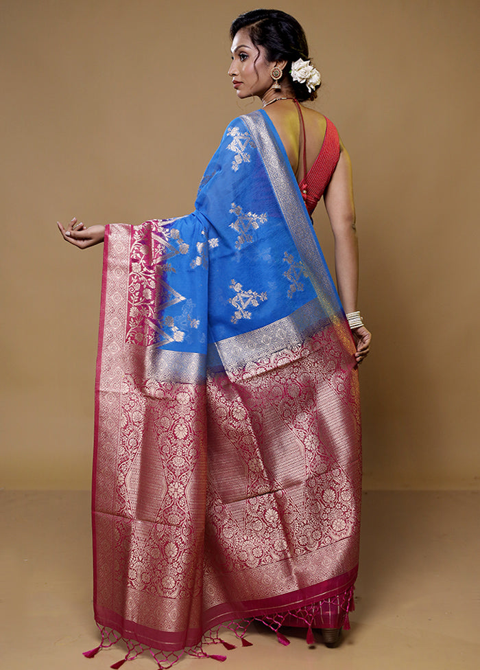 Blue Organza Saree With Blouse Piece