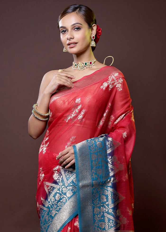 Red Organza Saree With Blouse Piece