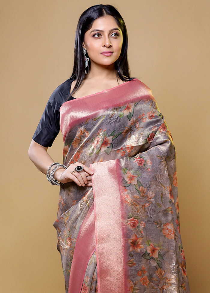 Grey Tissue Silk Saree With Blouse Piece