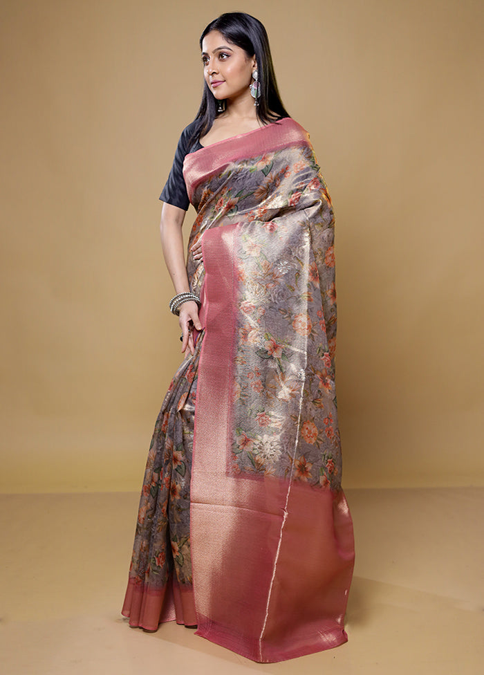 Grey Tissue Silk Saree With Blouse Piece