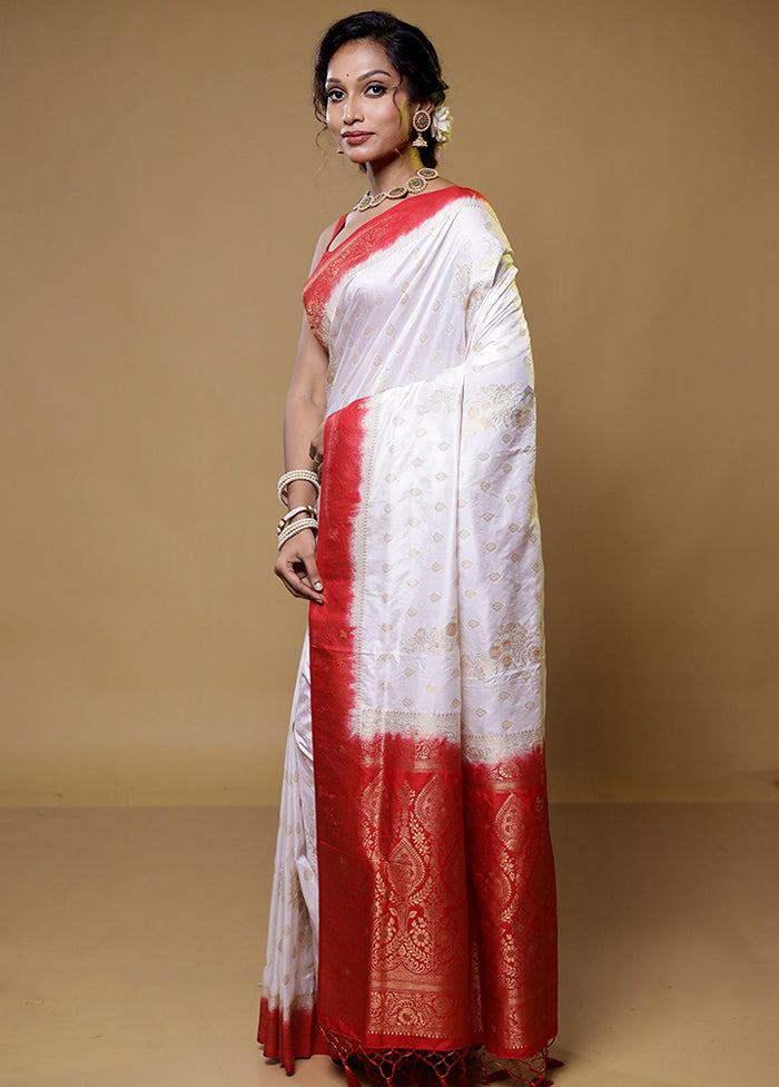 White Dupion Silk Saree With Blouse Piece