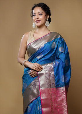 Blue Kanjivaram Silk Saree With Blouse Piece