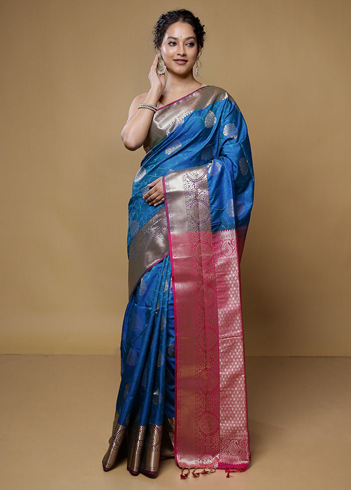 Blue Kanjivaram Silk Saree With Blouse Piece