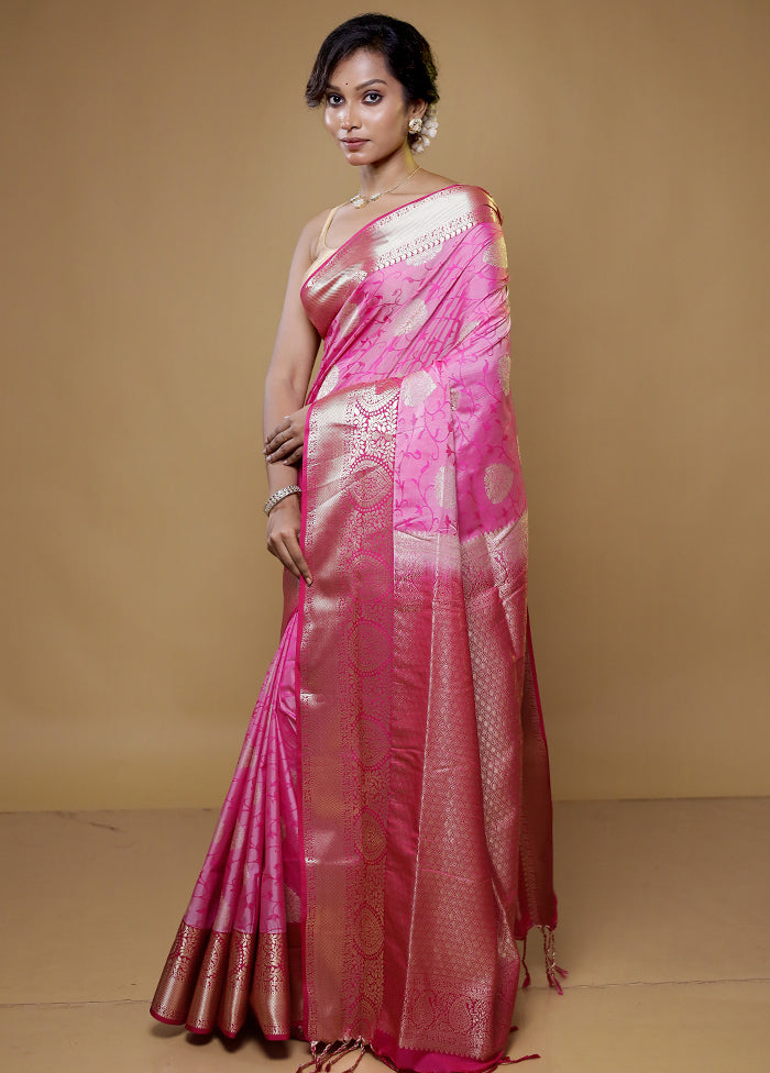 Pink Kanjivaram Silk Saree With Blouse Piece