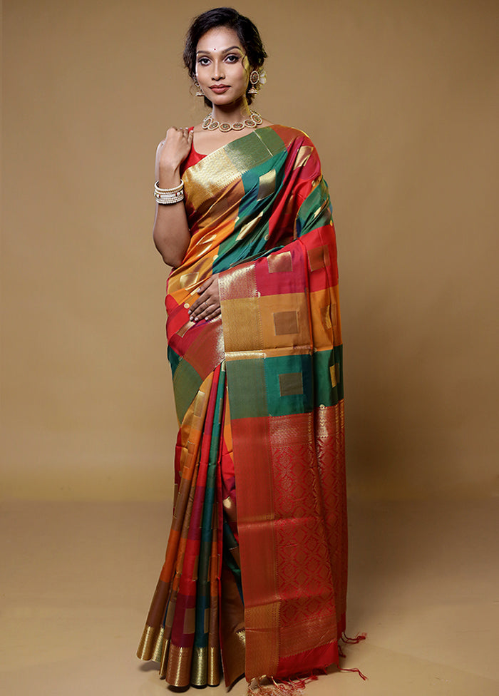 Multicolor Kanjivaram Silk Saree With Blouse Piece