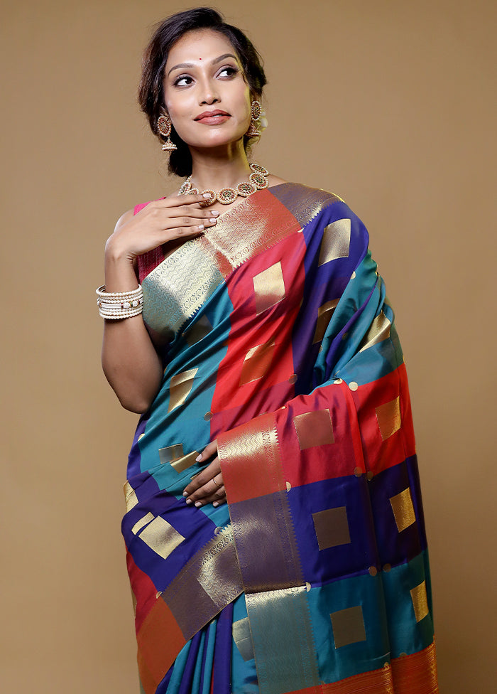 Multicolor Kanjivaram Silk Saree With Blouse Piece