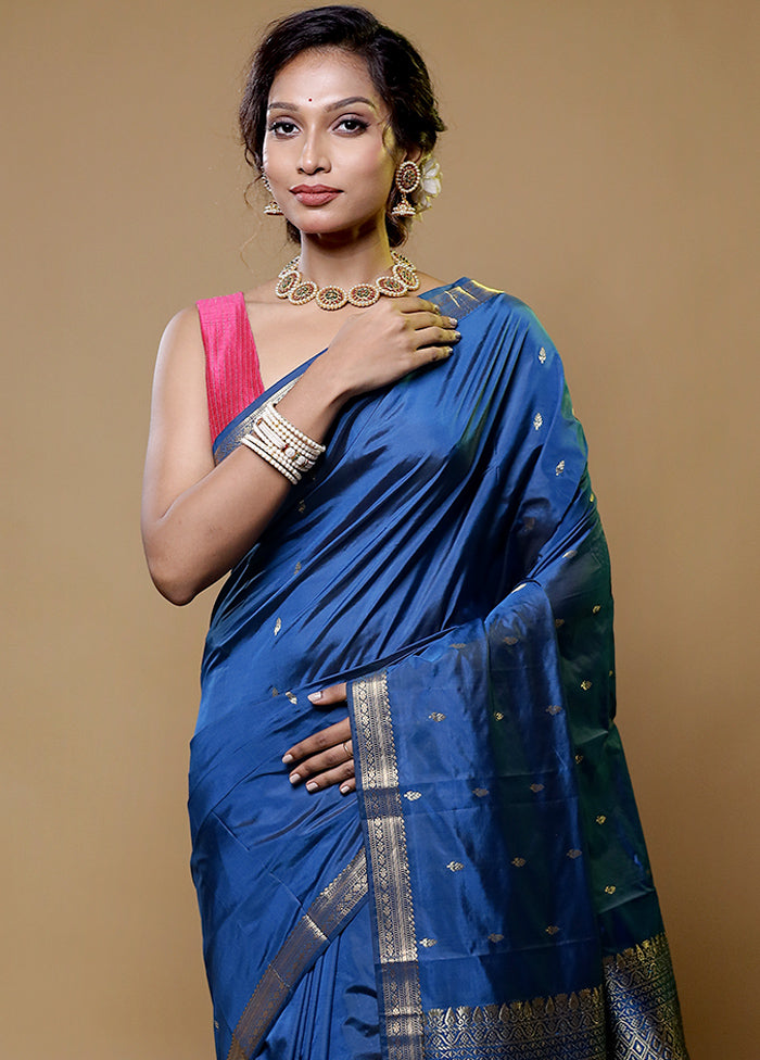 Blue Kanjivaram Silk Saree With Blouse Piece