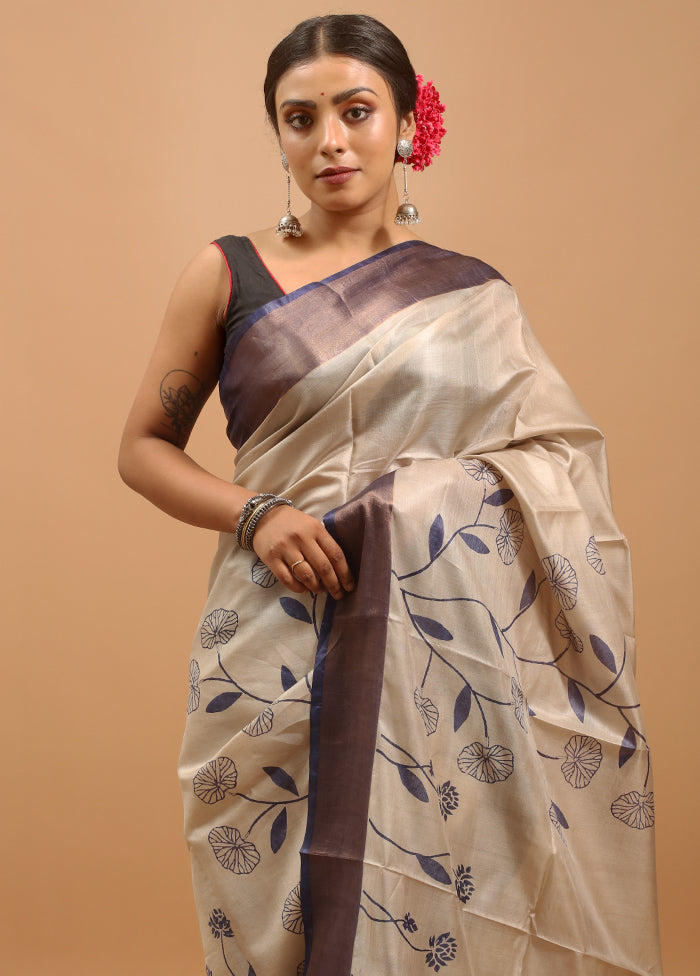 Cream Handloom Tussar Pure Silk Saree With Blouse Piece