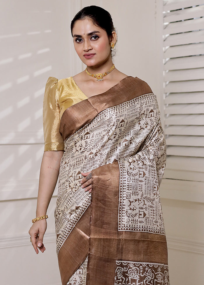 Cream Tussar Silk Saree With Blouse Piece