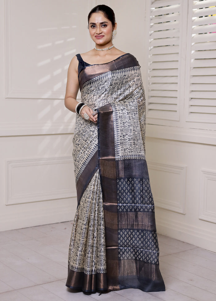 Cream Tussar Silk Saree With Blouse Piece