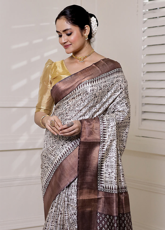 Cream Tussar Silk Saree With Blouse Piece