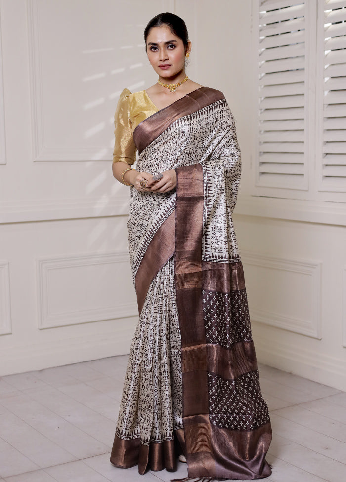 Cream Tussar Silk Saree With Blouse Piece