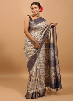 Cream Handloom Tussar Pure Silk Saree With Blouse Piece