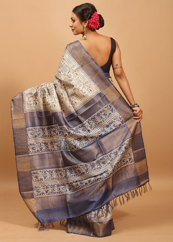 Cream Handloom Tussar Pure Silk Saree With Blouse Piece