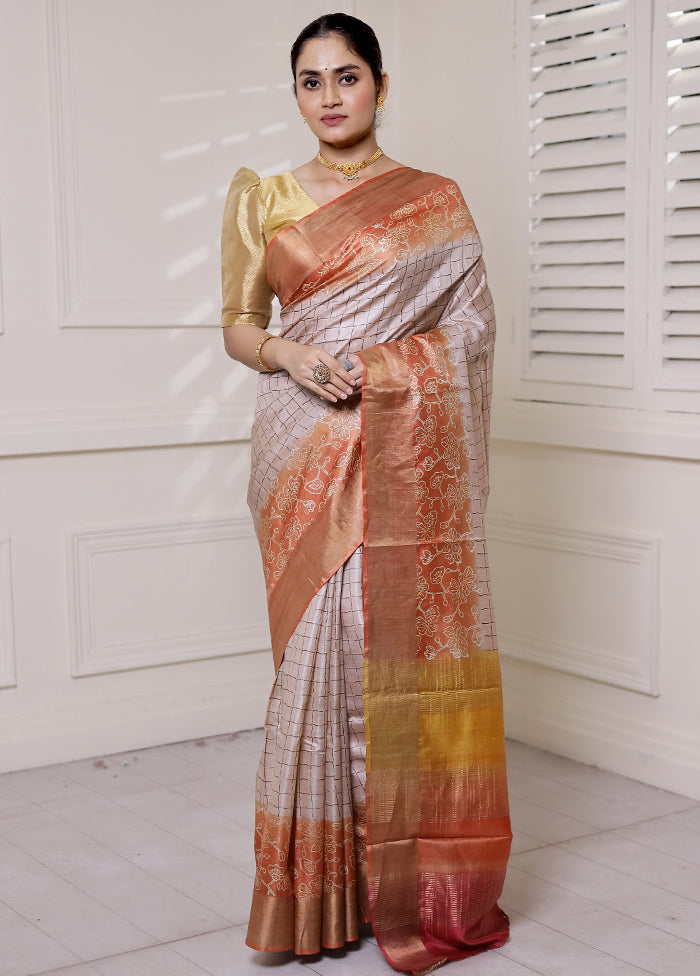 Cream Tussar Silk Saree With Blouse Piece