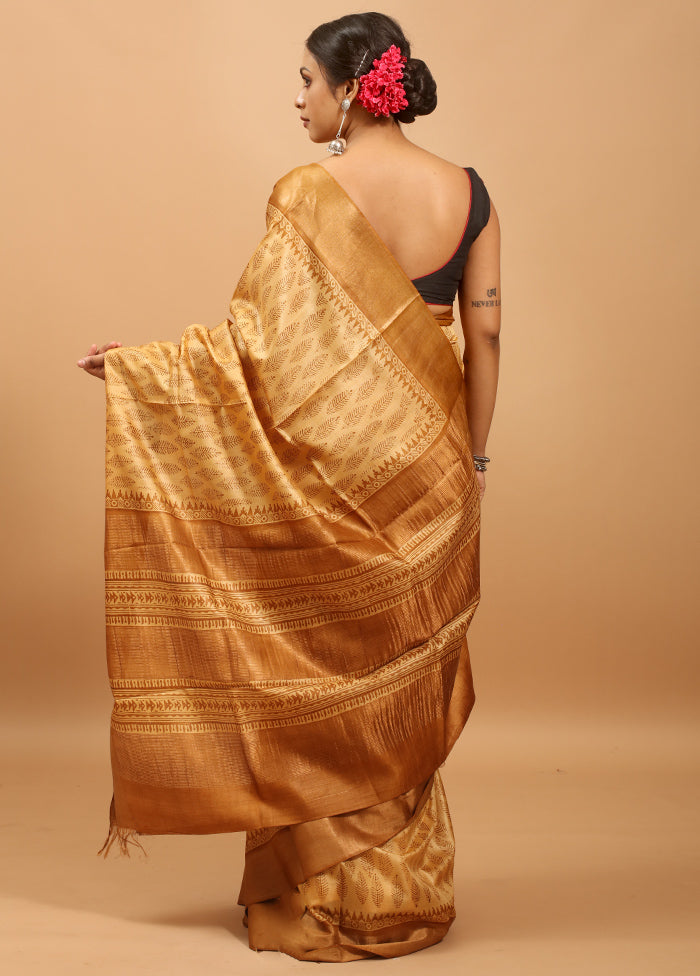 Cream Handloom Tussar Pure Silk Saree With Blouse Piece