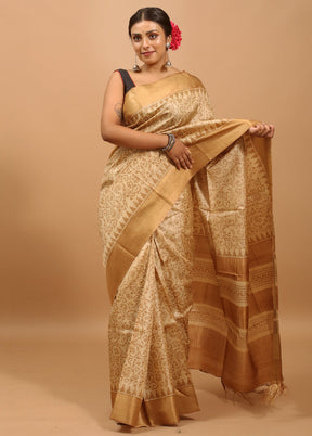 Cream Handloom Tussar Pure Silk Saree With Blouse Piece