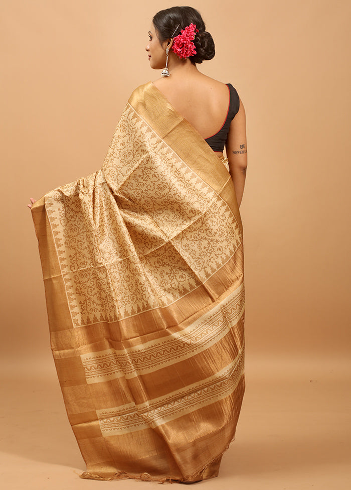 Cream Handloom Tussar Pure Silk Saree With Blouse Piece