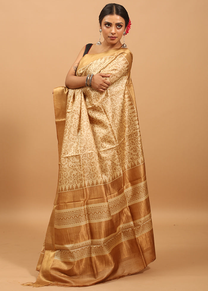 Cream Handloom Tussar Pure Silk Saree With Blouse Piece