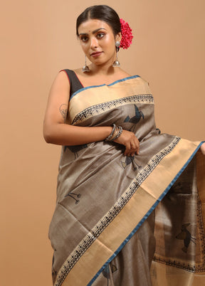 Grey Handloom Tussar Pure Silk Saree With Blouse Piece