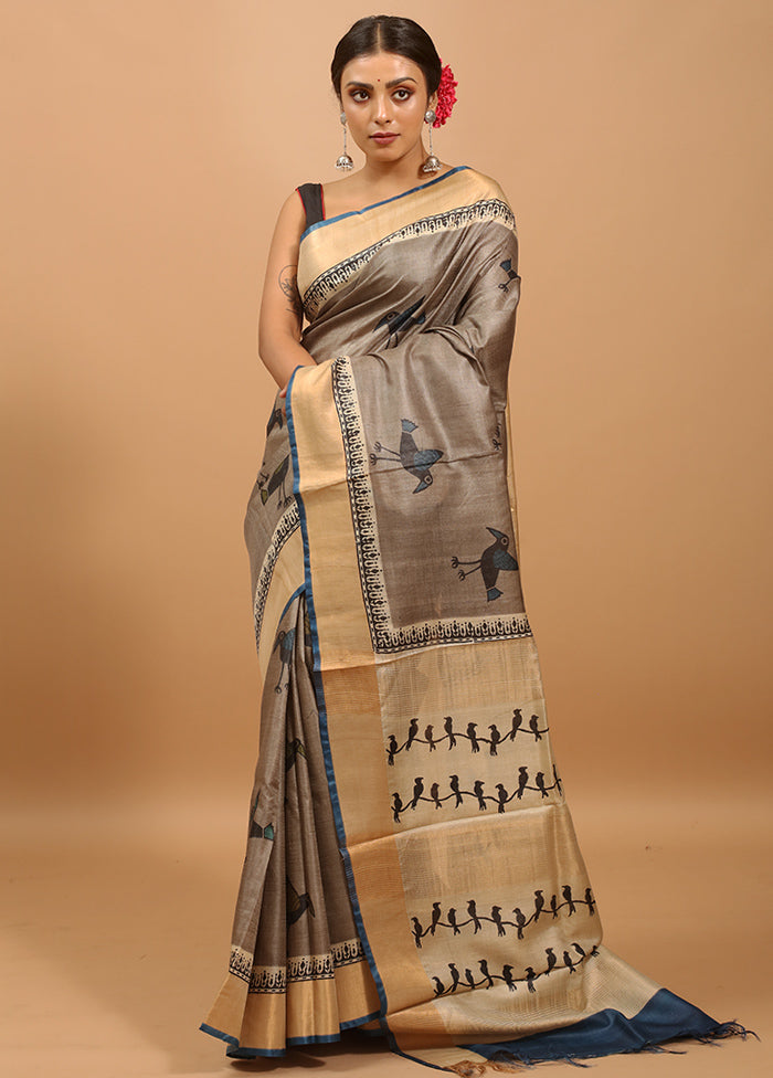 Grey Handloom Tussar Pure Silk Saree With Blouse Piece