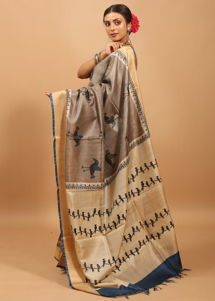 Grey Handloom Tussar Pure Silk Saree With Blouse Piece