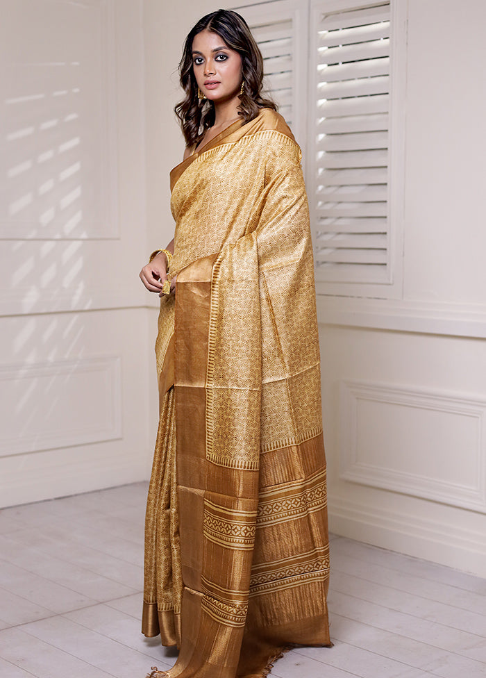 Cream Handloom Tussar Pure Silk Saree With Blouse Piece