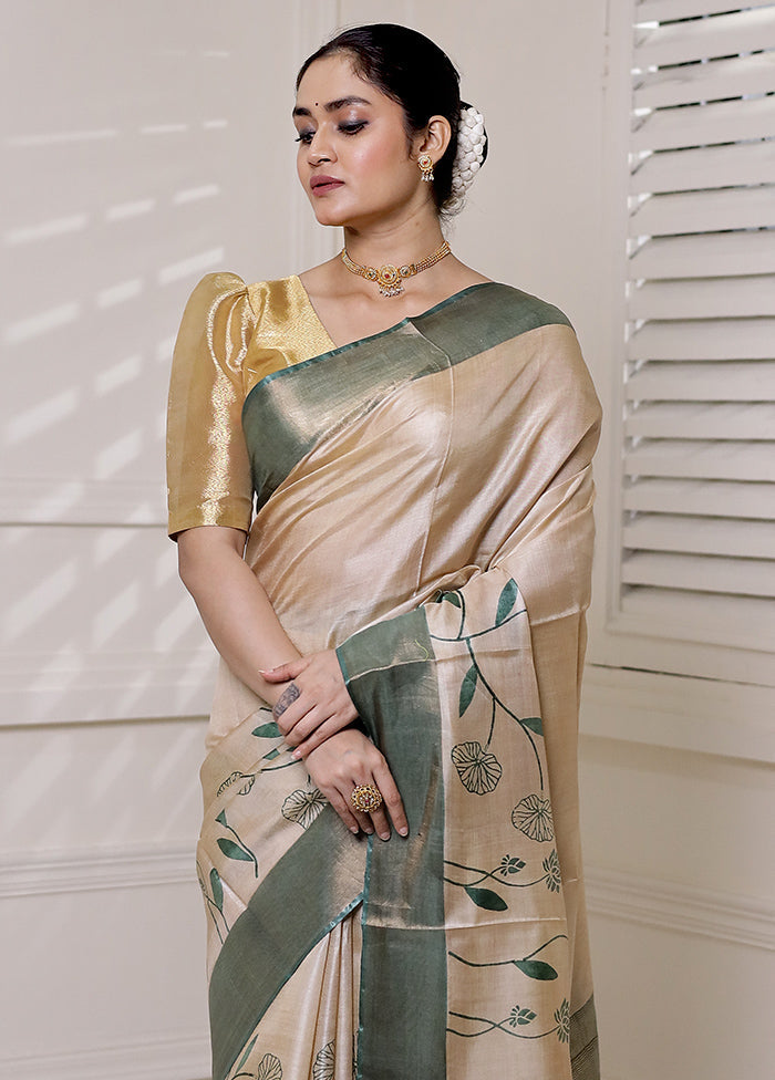 Cream Tussar Silk Saree With Blouse Piece