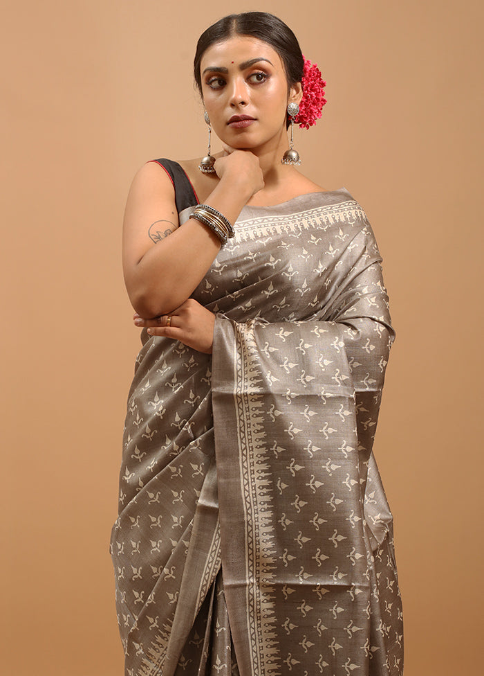 Grey Handloom Tussar Pure Silk Saree With Blouse Piece