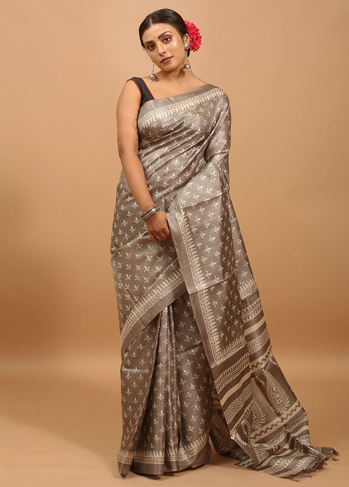 Grey Handloom Tussar Pure Silk Saree With Blouse Piece