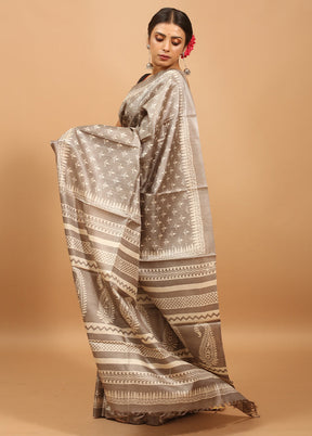 Grey Handloom Tussar Pure Silk Saree With Blouse Piece