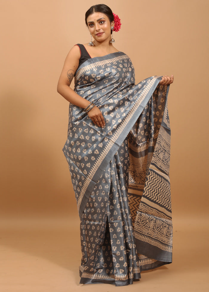 Grey Handloom Tussar Pure Silk Saree With Blouse Piece