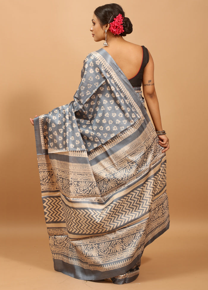 Grey Handloom Tussar Pure Silk Saree With Blouse Piece