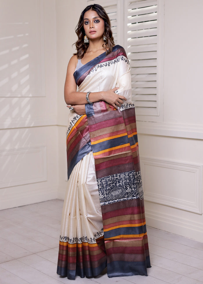 Cream Handloom Tussar Pure Silk Saree With Blouse Piece