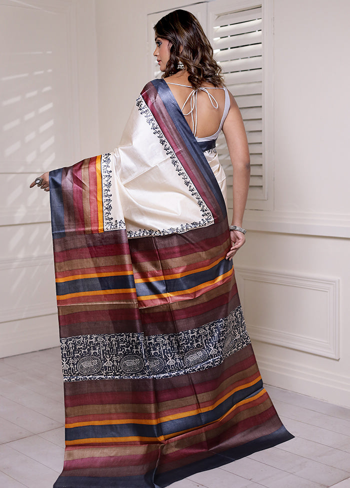 Cream Handloom Tussar Pure Silk Saree With Blouse Piece