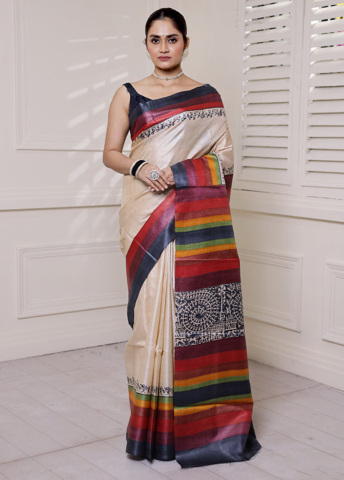 Cream Tussar Silk Saree With Blouse Piece