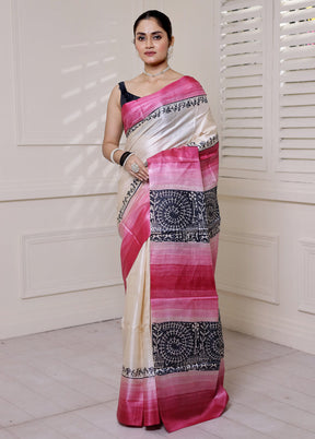 Cream Tussar Silk Saree With Blouse Piece