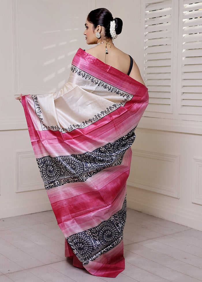 Cream Tussar Silk Saree With Blouse Piece