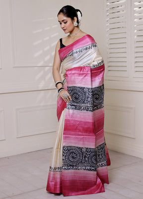 Cream Tussar Silk Saree With Blouse Piece