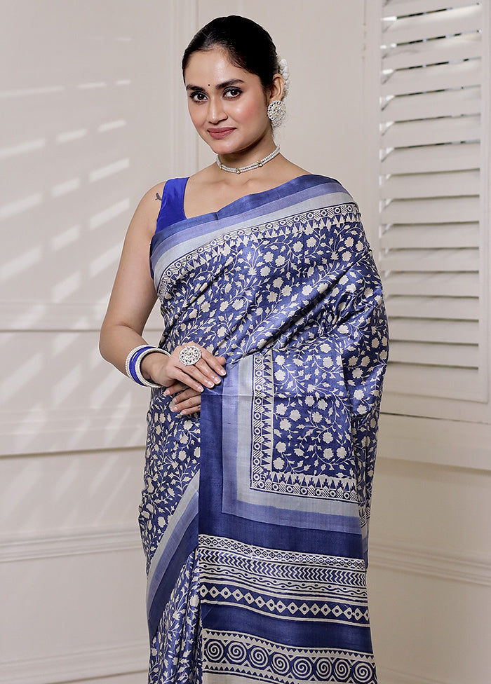 Blue Tussar Silk Saree With Blouse Piece