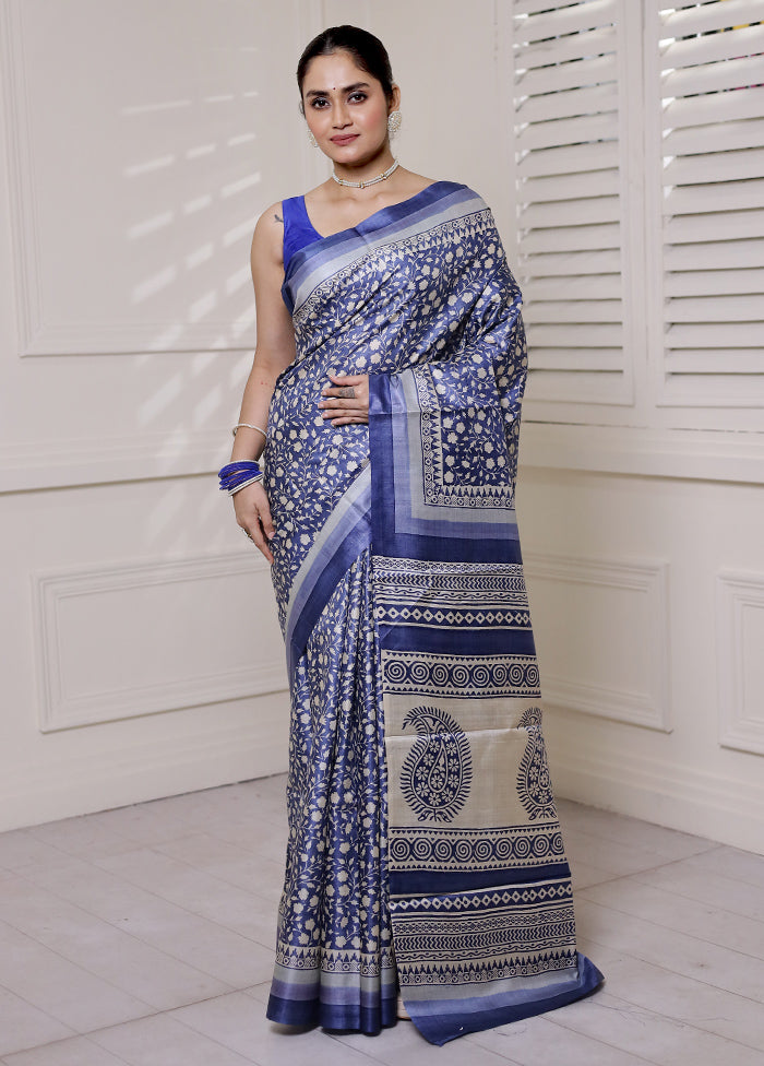 Blue Tussar Silk Saree With Blouse Piece