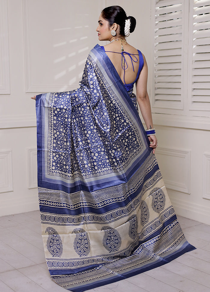 Blue Tussar Silk Saree With Blouse Piece