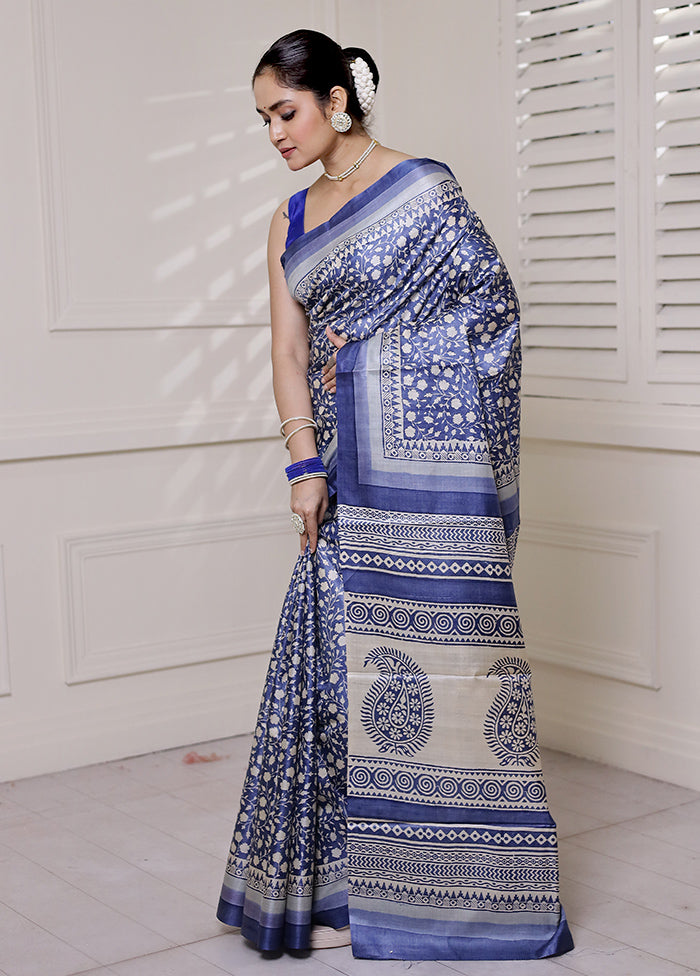 Blue Tussar Silk Saree With Blouse Piece