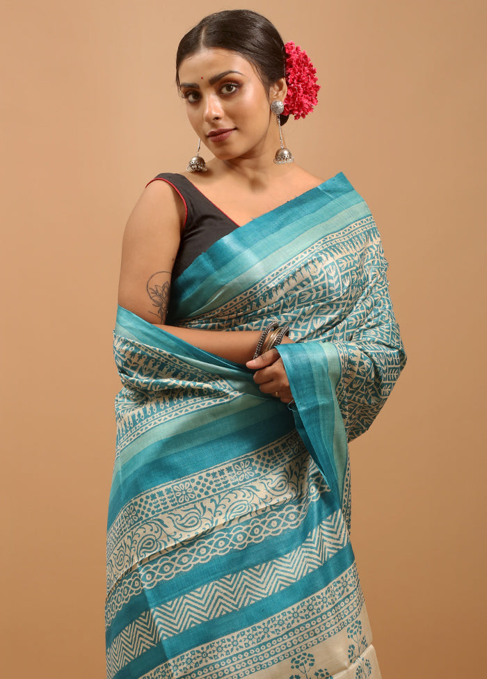 Blue Handloom Tussar Pure Silk Saree With Blouse Piece