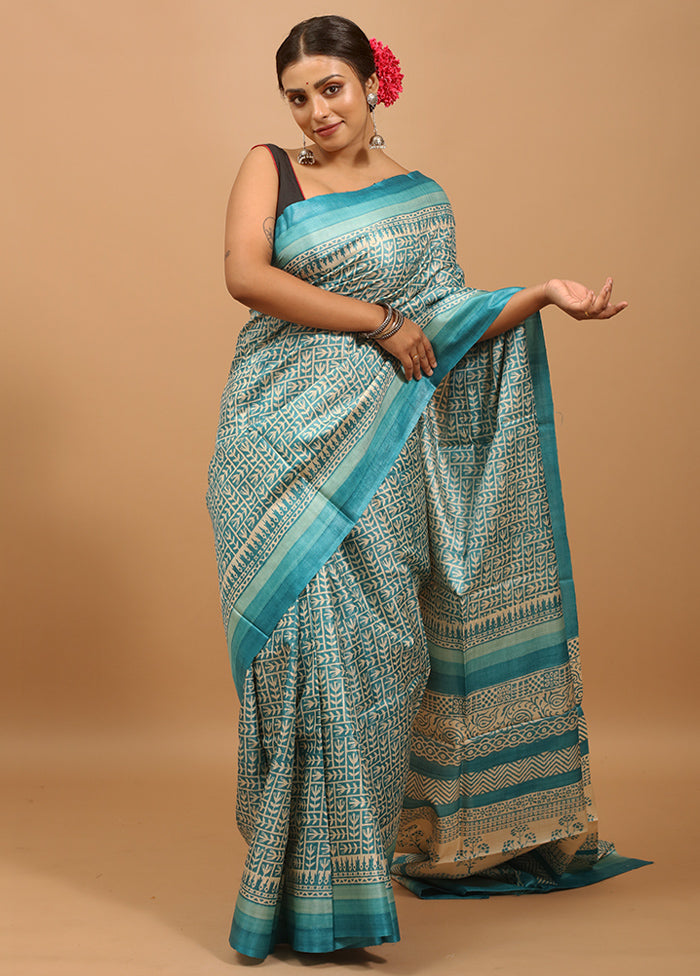 Blue Handloom Tussar Pure Silk Saree With Blouse Piece