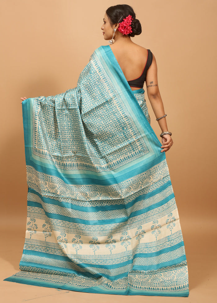 Blue Handloom Tussar Pure Silk Saree With Blouse Piece