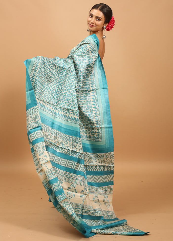 Blue Handloom Tussar Pure Silk Saree With Blouse Piece