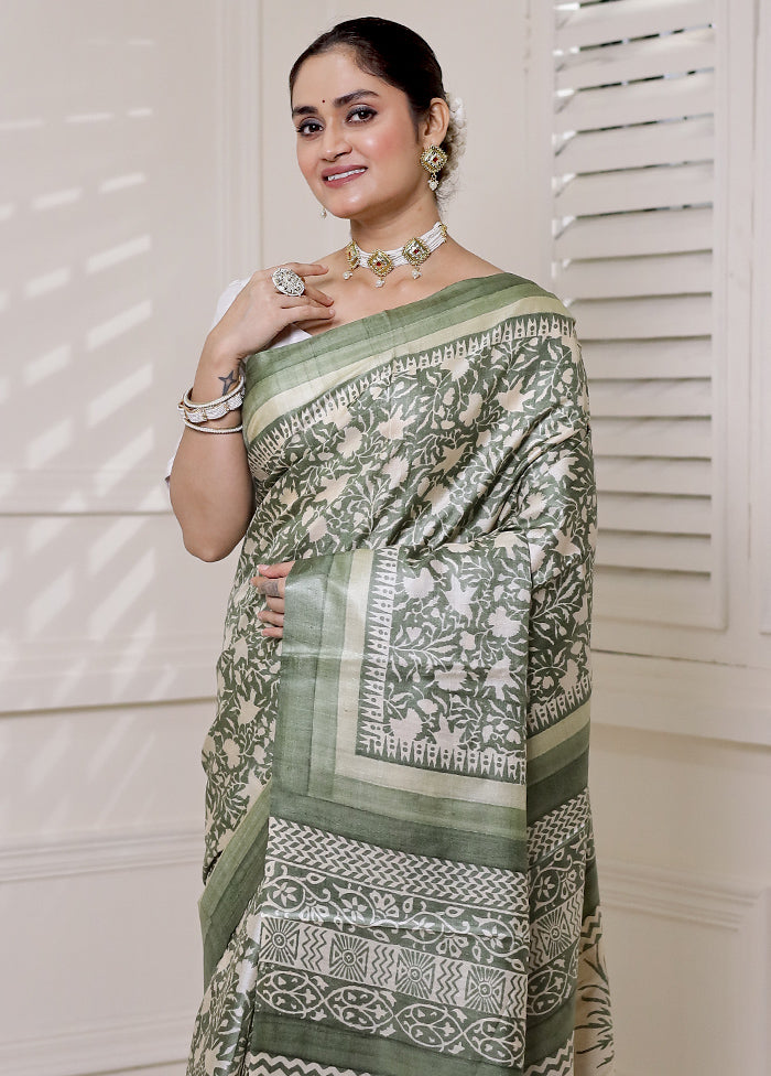 Green Tussar Silk Saree With Blouse Piece